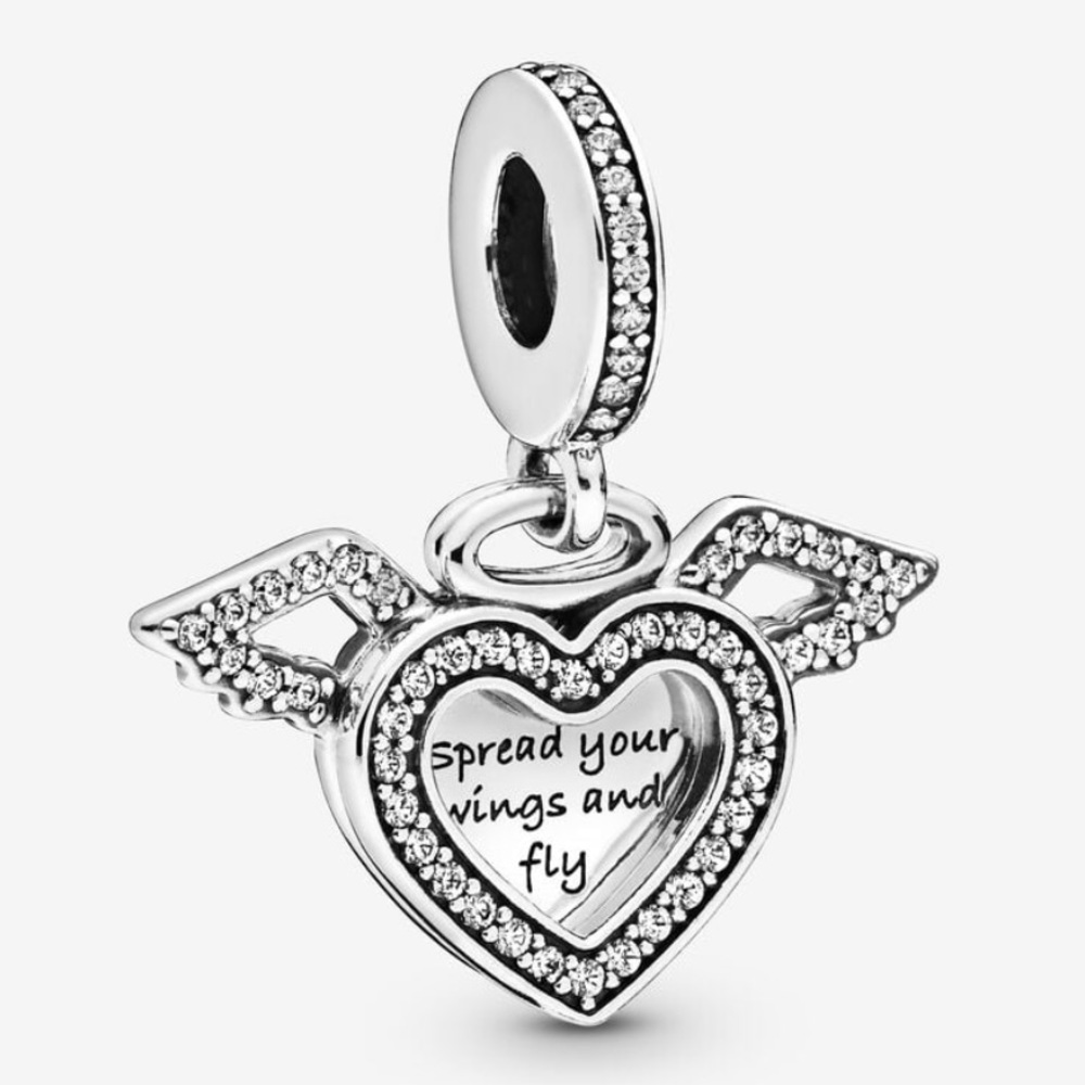 NWOT Heart and Angel Wings Dangle Charm Sterling Silver 915